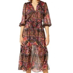 New Misa Olivia Blouson Dress Womens L Flora Valentina Semi Sheer Chiffon